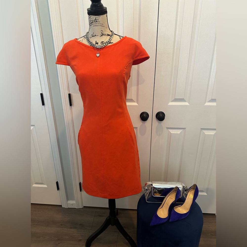 Sharagano Orange Cap Sleeves Zip Back Shift Dress with Pockets